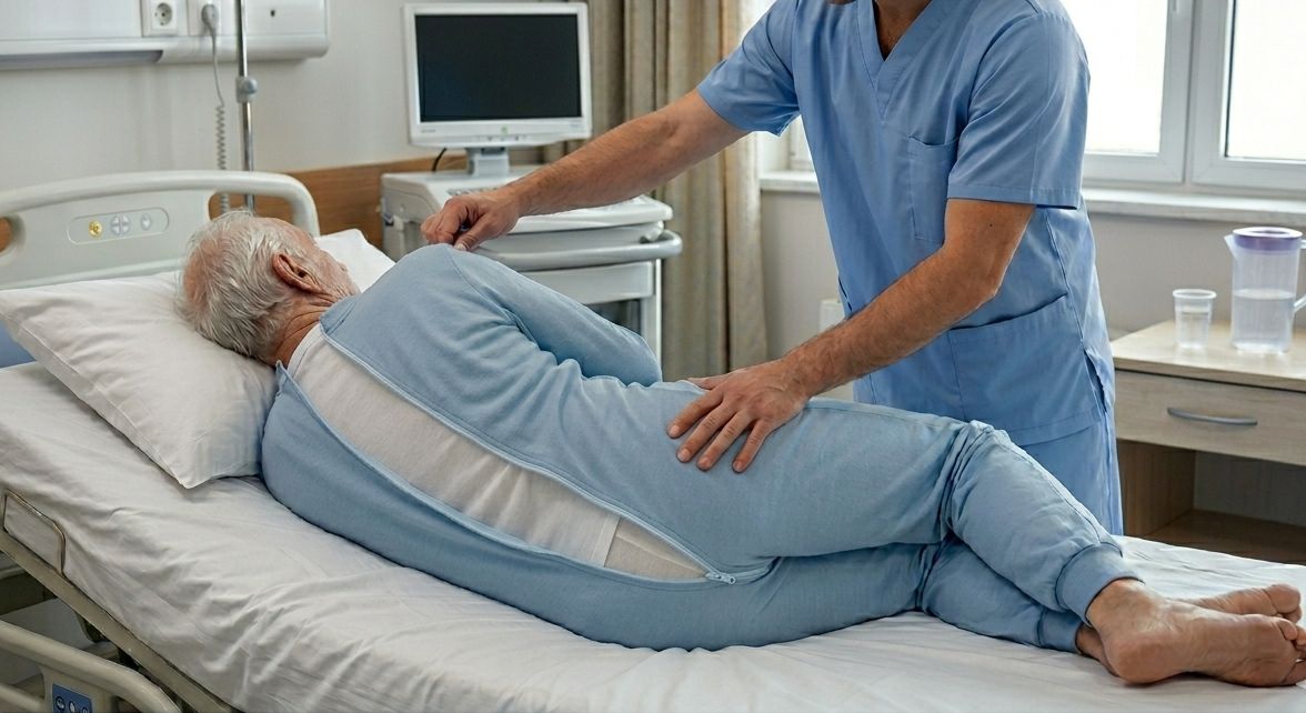 homme allongé habillage grenouillère médicale